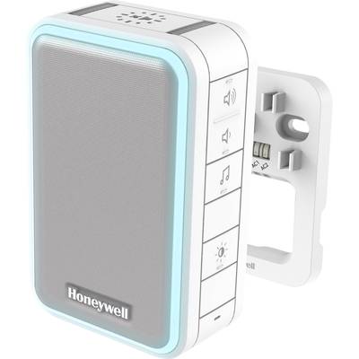 Bezdrôtový zvonček dverí so zabudovaným reproduktorom, podsvietený rámom a ovládacími tlačidlami na boku; značka Honeywell.