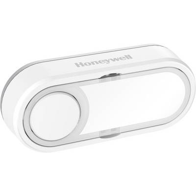 Biely, oválny bezdrôtový zvonček od Honeywell s centrálnym tlačidlom; kompaktný a moderný, vhodný na montáž na stenu.