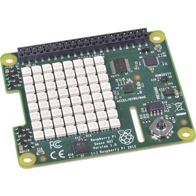 Raspberry Pi Sense HAT s rôznymi elektronickými senzormi a komponentmi na malej zelenej doske plošných spojov.