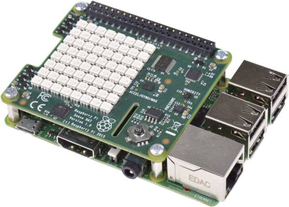 Raspberry Pi s pripojenou GPIO doskou, na ktorej sú LED diódy a konektory pre rozšírenia, vhodný pre elektronické projekty.