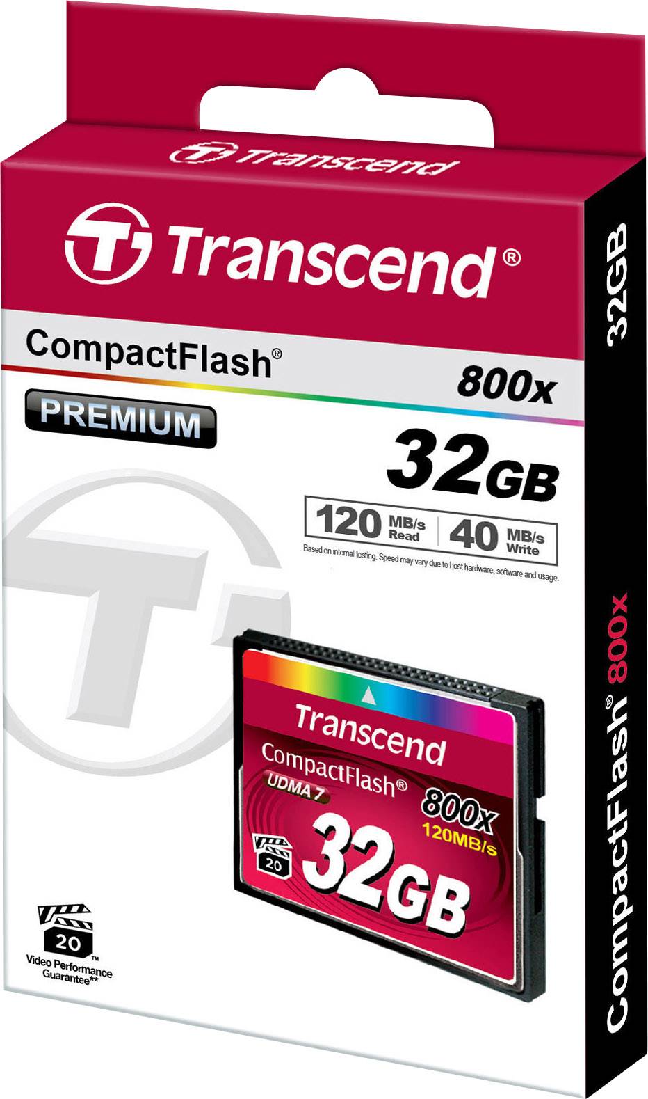 Balenie pamäťovej karty Transcend CompactFlash s kapacitou 32 GB. Ponúka rýchlosť čítania 120 MB/s a rýchlosť zápisu 40 MB/s. Prémiová séria 800x.