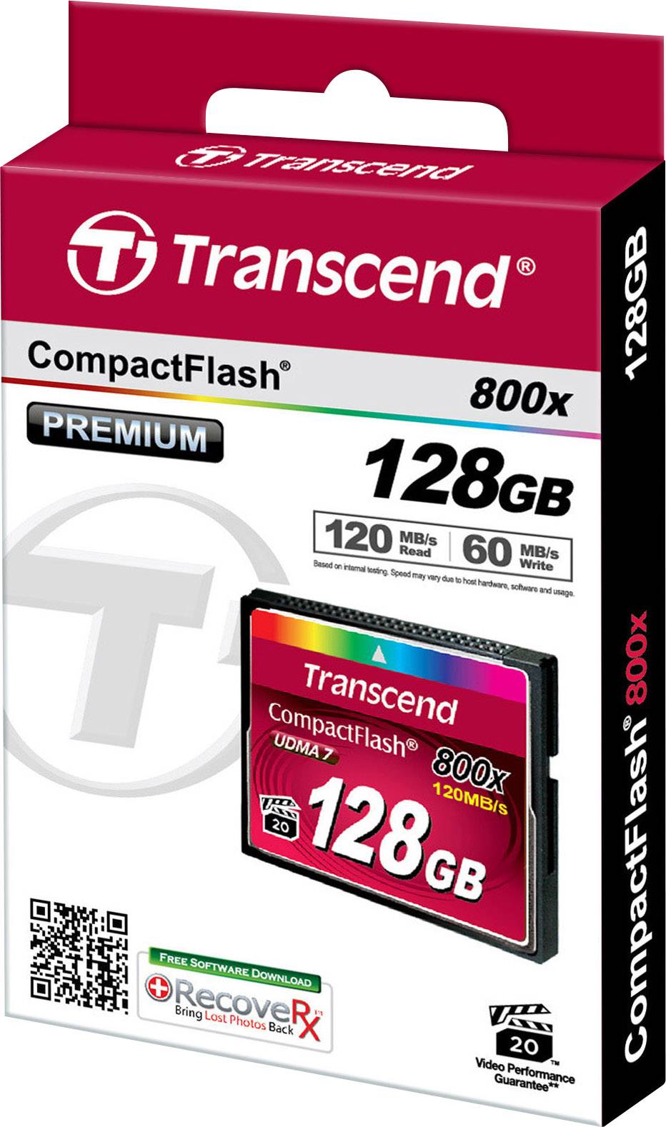 Balenie pamäťovej karty Transcend CompactFlash, 128 GB kapacita s rýchlosťou 800x. Zvýraznené vlastnosti: čítanie 120 MB/s, zápis 60 MB/s.