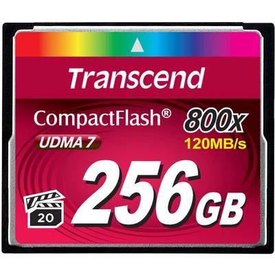 Transcend CompactFlash 256 GB, UDMA 7, 800x, 120 MB/s s filmovým symbolom pre videonahrávanie; obrázok pamäťovej karty.