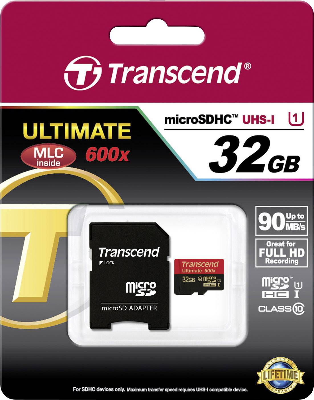 Transcend microSDHC karta, 32 GB, UHS-I, trieda 10, 90 MB/s, vhodná pre Full HD nahrávky, vrátane adaptéra, doživotná záruka.