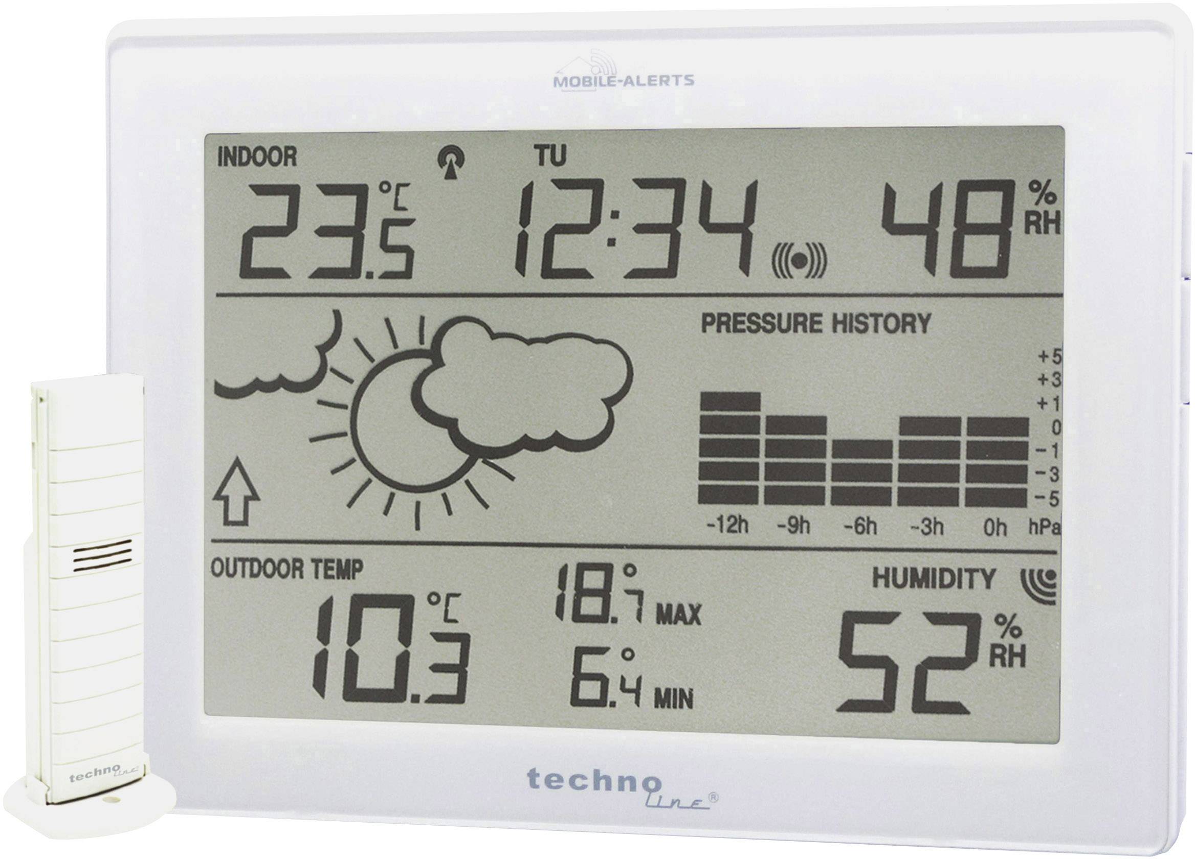 Digitálny teplomer a vlhkomer s hodnotami: Vnútorná teplota 23,5°C, relatívna vlhkosť 48% RH. Vonkajšia teplota 10,3°C, relatívna vlhkosť 52%. K dispozícii je grafika priebehu tlaku.