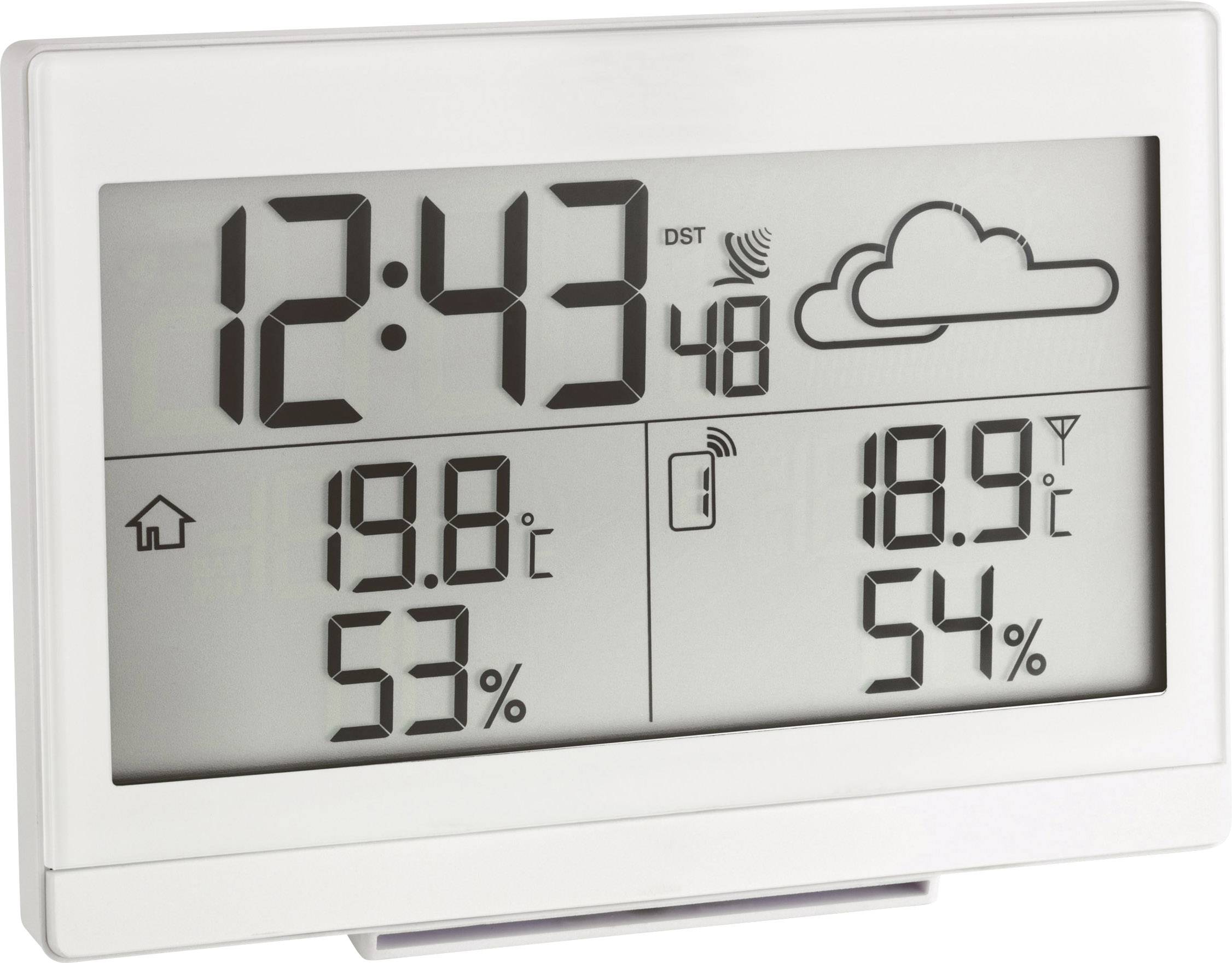 Digitálne hodiny zobrazujú čas 12:43, so symbolmi pre letný čas a zamračené počasie. Teplota 19,8°C a 18,9°C, vlhkosť vzduchu 53% a 54%.