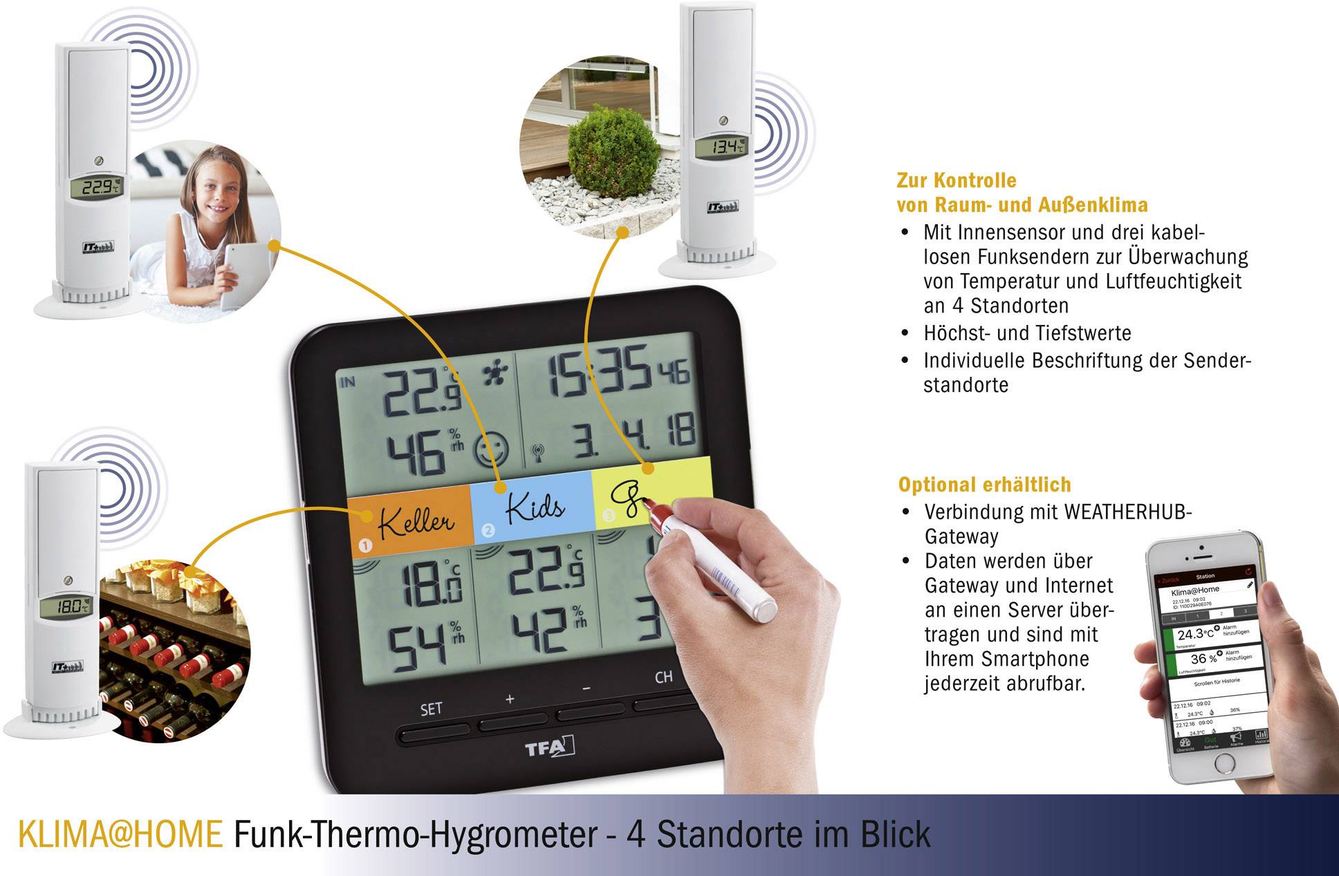 KLIMA@HOME bezdrôtový termo-hygrometer so senzorom na monitorovanie teploty a vlhkosti vzduchu. Voliteľne s pripojením cez aplikáciu.