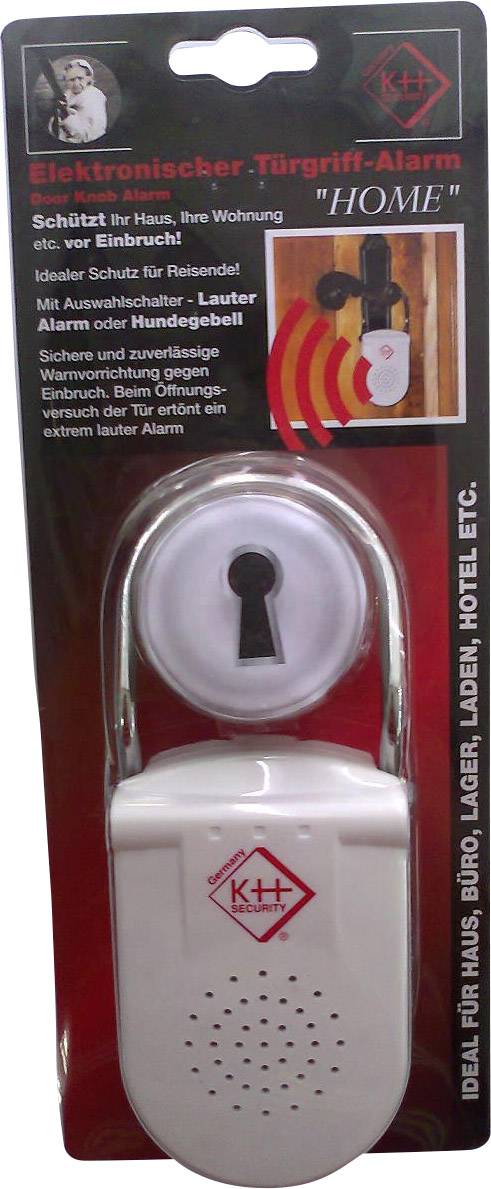 Balenie elektronického alarmu na kľučku v červenom pozadí. Text: 'Chráni váš dom', vhodné pre domácnosť a cestovanie. Obrázok nainštalovaného alarmu.