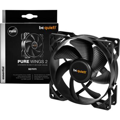 Ventilátor 'be quiet! Pure Wings 2' s priemerom 92 mm, v čiernej farbe. Balenie zobrazuje produkt s logom značky. Navrhnutý pre tichú prevádzku.