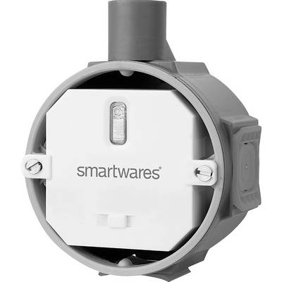 Elektrotechnická súčiastka; okrúhly, sivý držiak s bielym vnútorným krytom, na ktorom je viditeľný firemný názov 'smartwares'.