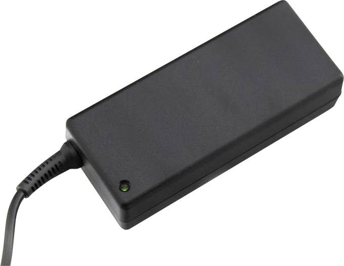 Obdĺžnikový, čierny napájací adaptér s malou svietiacou zelenou LED diódu a káblom pripojeným na ľavej strane.