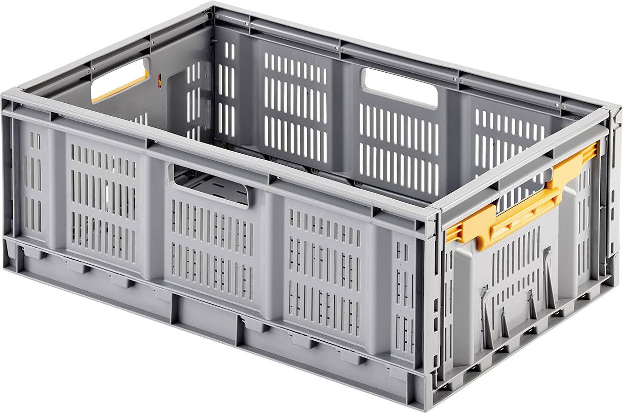 Sivý plastový box s oranžovou rukoväťou, obdĺžnikový, skladací, stohovateľný, s vetracími otvormi a bočnými rukoväťami na prenášanie.
