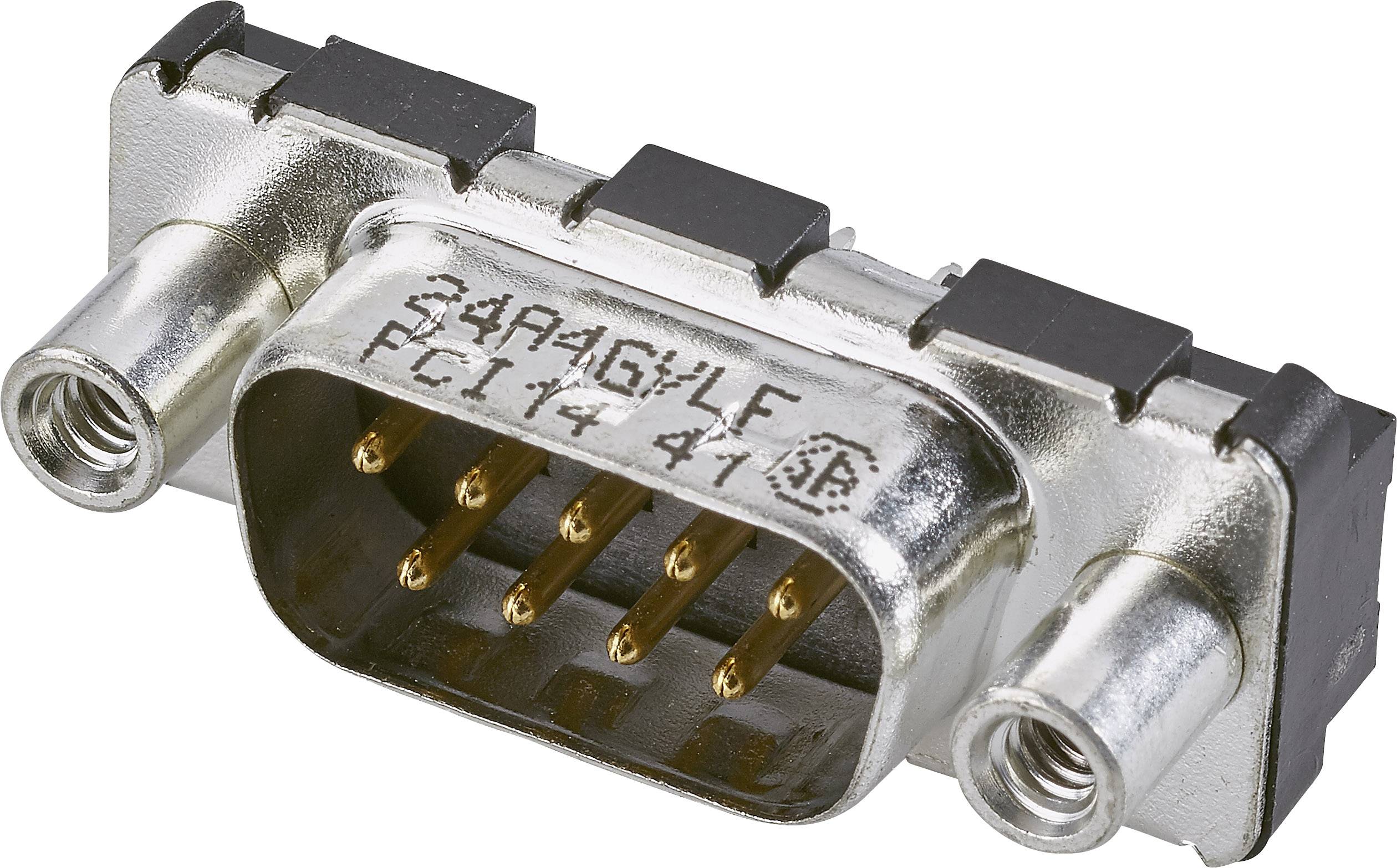 D-Sub konektor s kovovým krytom a viacerými pinmi. Často sa používa v elektronických zariadeniach na prenos dát.