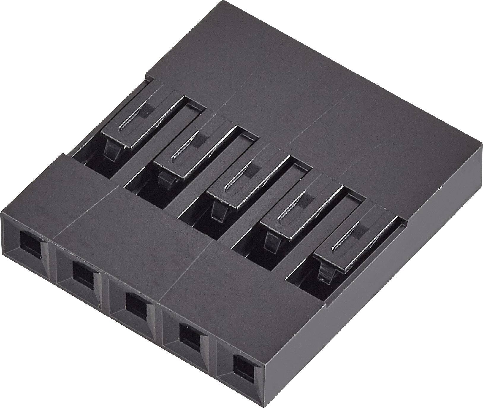 Čierny plastový konektor s piatimi vedľa seba uloženými zásuvkami, používaný na pripojenie elektrických komponentov.