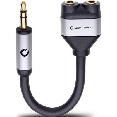 Čierny Y-audio adaptér s striebornými konektormi, ideálny na audio prepojenie, s označením značky 'Oehlbach' na jednom z konektorov.