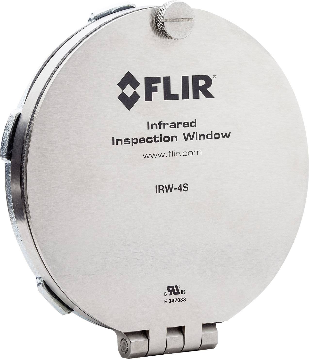 Guľatý kovový kryt s nápisom 'FLIR Infrared Inspection Window IRW-4S'. Používa sa na infračervenú inšpekciu.