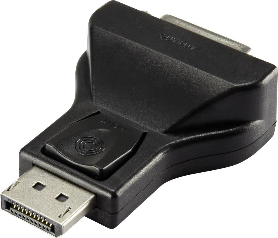 Čierny adaptér DisplayPort na DVI pre pripojenie počítačov k monitorom. Zobrazuje obe strany konektorov zreteľne.