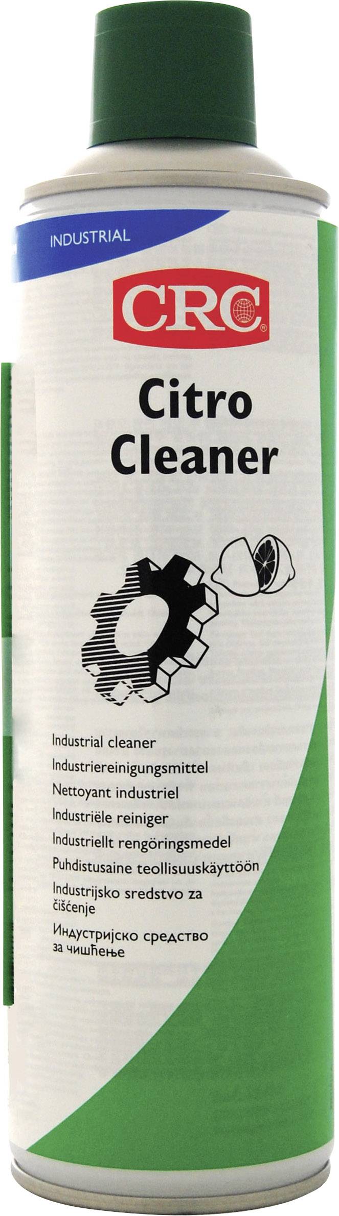 Dóza so zelenou a bielou etiketou. Text: "CRC Citro Cleaner". Obrázok ozubeného kolesa s citrusovým ovocím.