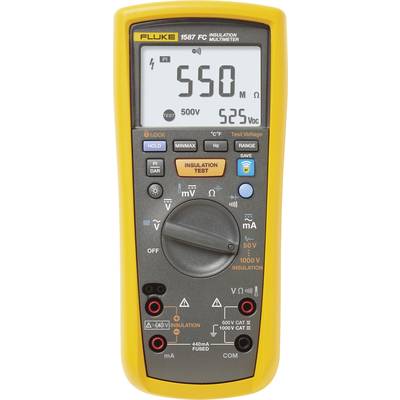 Žltý multimeter s displejom zobrazuje 550 MΩ (megaohmov) pri 500 V. Sú viditeľné rôzne tlačidlá a symboly na meranie a testovanie izolácie.
