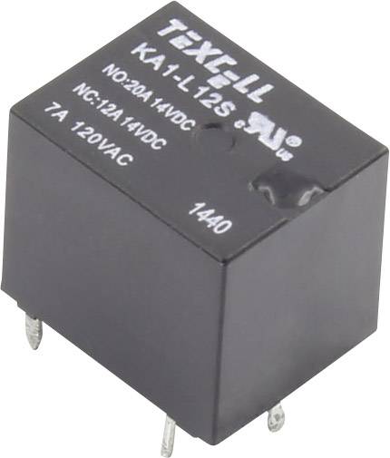 Elektrické relé T9X11 s modelovým číslom KA1-L12S, navrhnuté pre 12A pri 14VDC a 7A pri 120VAC. Viditeľná predná a spodná strana.