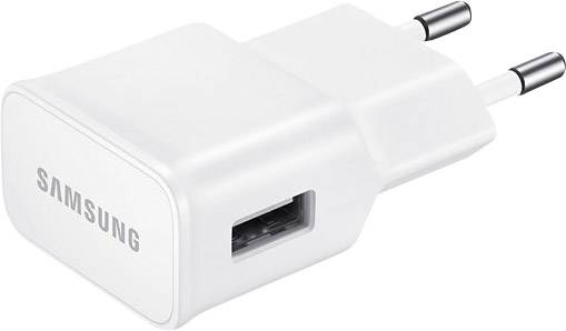 Biele nabíjačky Samsung s USB portom, vhodné pre európske elektrické zásuvky.