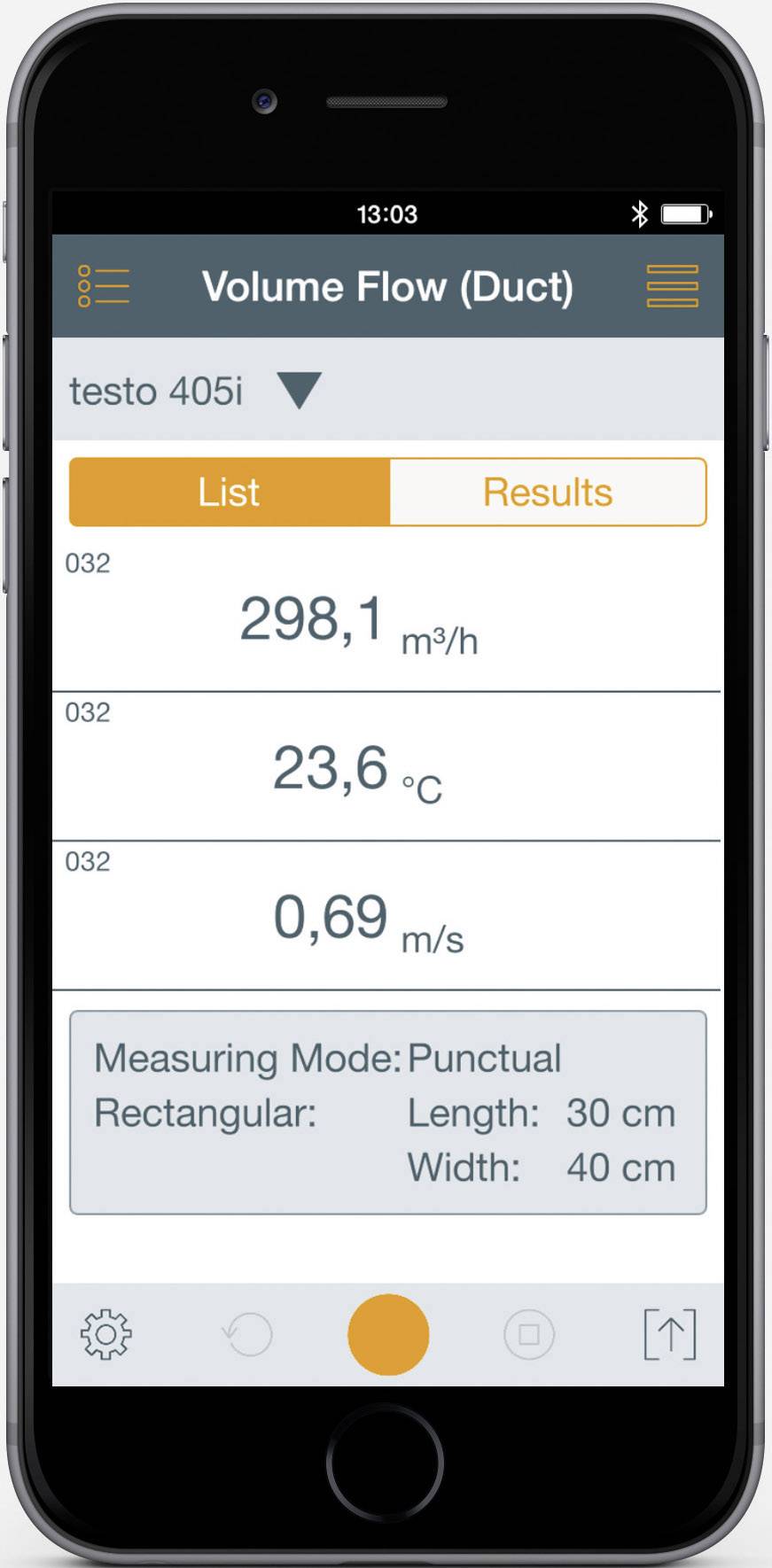 Displej smartfónu zobrazuje meraciu aplikáciu: 'Prietokový objem (Potrubie)'. Výsledky: 298,1 m³/h, 23,6 °C, 0,69 m/s. Režim: Bodový. Rozmery: Dĺžka 30 cm, šírka 40 cm.