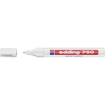 Otvorený biely lakový popisovač 'edding 750' s červeným nápisom leží horizontálne, pričom hrot smeruje doľava.