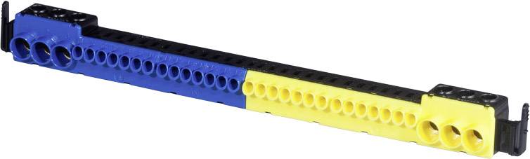 Technický diel LEGO v modrej, žltej a čiernej farbe, s radami otvorov určenými na spájanie iných súčiastok.