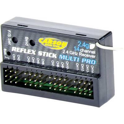 2,4 GHz prijímač s 14 kanálmi, značkové logo 'Carson', model 'Reflex Stick Multi Pro', zobrazuje možnosti pripojenia pre RC vozidlá.