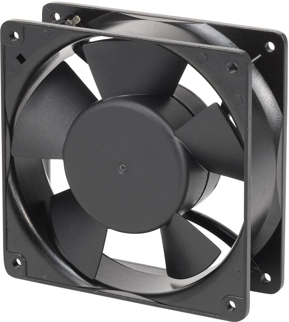 Čierny počítačový ventilátor v štvorcovom kryte s piatimi lopatkami, zobrazený z bočného pohľadu.