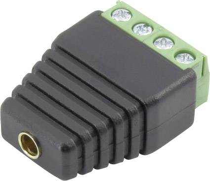 Adaptér s 3,5 mm jack zásuvkou na skrutkové svorky, vhodný pre jednoduché pripojenie audio káblov bez potreby spájkovania.