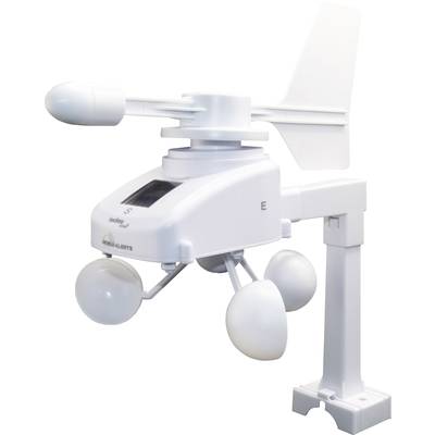 Biele anemometer s tromi polguľovitými miskami a krídlom na určovanie smeru vetra, používané na meranie rýchlosti a smeru vetra.