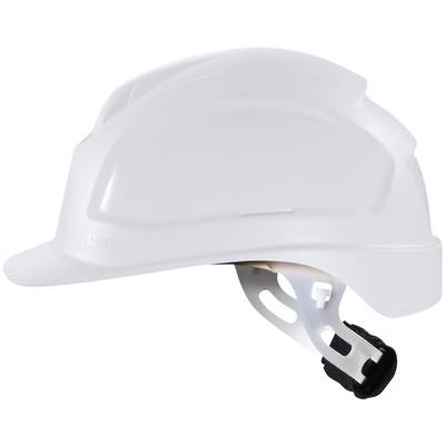 Biely ochranný kask s nastaviteľným podbradníkom, vhodný pre stavebných robotníkov a bezpečnostné použitie.