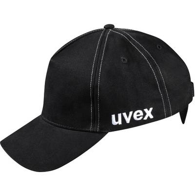 Čierna baseballová čiapka s bielym logom 'uvex' na boku, so kontrastnými švami pozdĺž panelov.