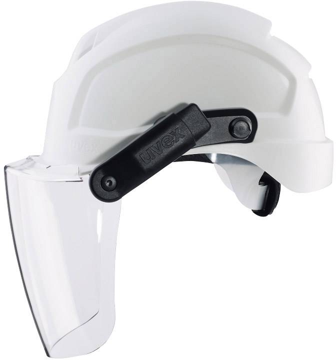 Biely ochranný helmet s priehľadným štítom, vhodný pre použitie v priemysle na ochranu hlavy a tváre.