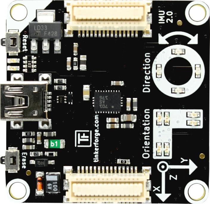 Elektronická doska plošných spojov s USB konektorom a rôznymi komponentmi na čiernom pozadí. Text na doske: "Smer", "Orientácia".