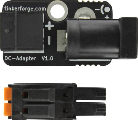 DC napájací adaptér V1.0, zobrazuje horné a bočné konektory, označené plus a mínus, kompaktný, od tinkerforge.com.
