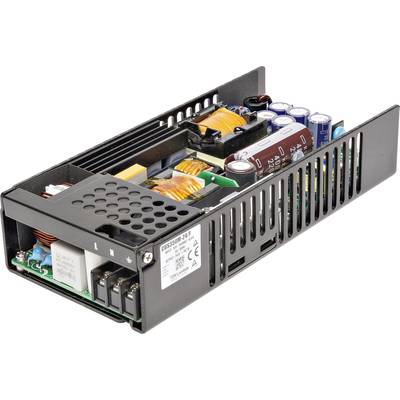 Otvorený napájací zdroj s viditelnými elektronickými súčiastkami, ako sú kondenzátory, cievky a chladiče. Kryt s vetracími otvormi.