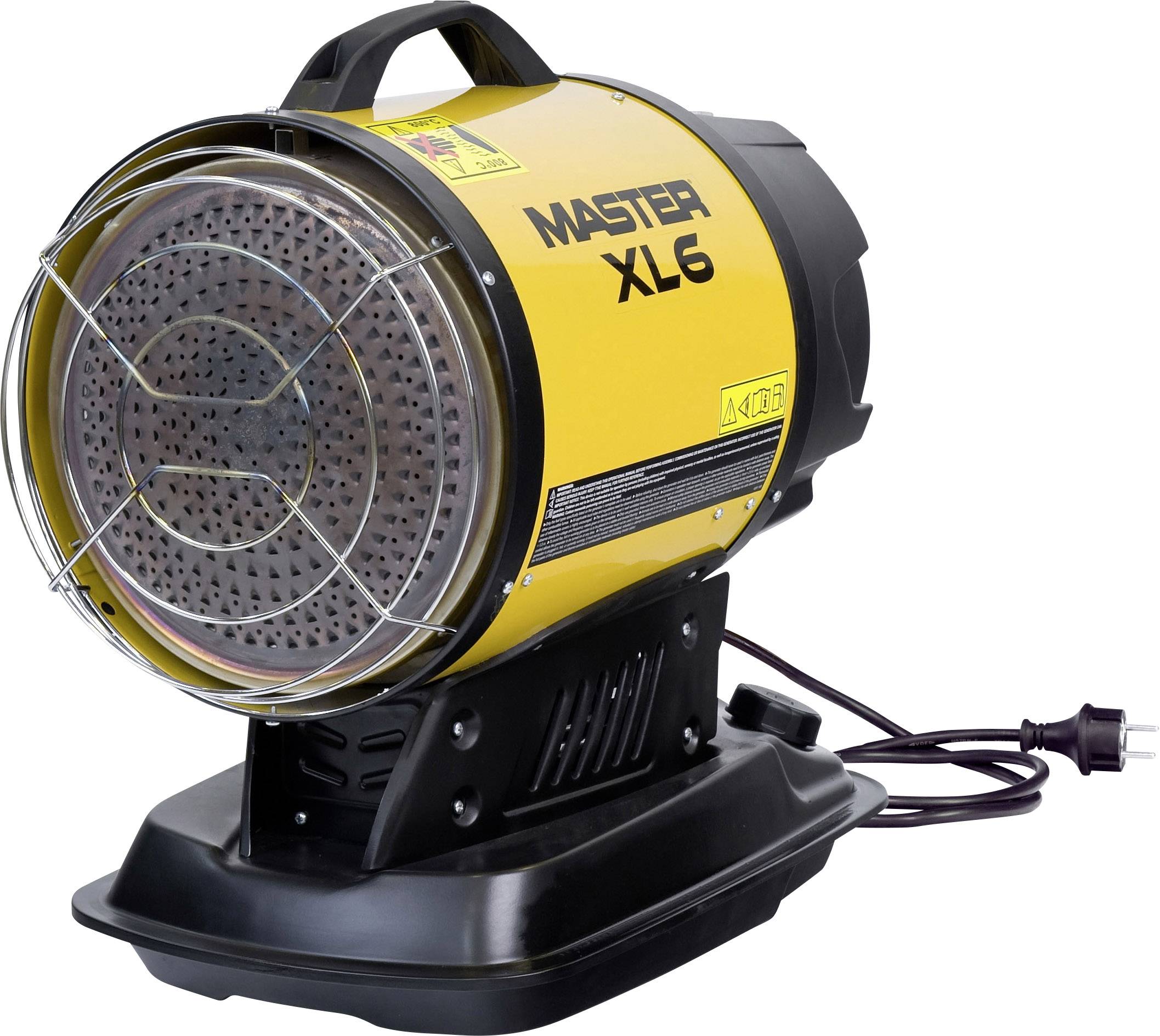 Žltý vykurovací ventilátor s čiernym krytom, model 'MASTER XL 6'. Stojí na čiernom podstavci, s viditeľnou rukoväťou a káblom.