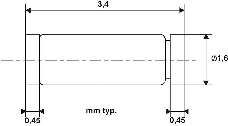 Technický výkres valcovitej súčiastky: dĺžka 3,4 mm, priemer 1,6 mm, s vyznačenými tolerančnými hodnotami.