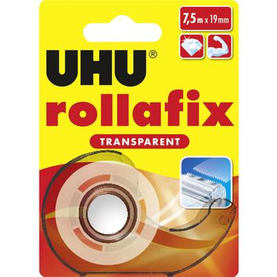 Obalový materiál lepiacej pásky s nápisom "UHU rollafix Transparent". Zobrazená rolka s priehľadnou lepiacou páskou.