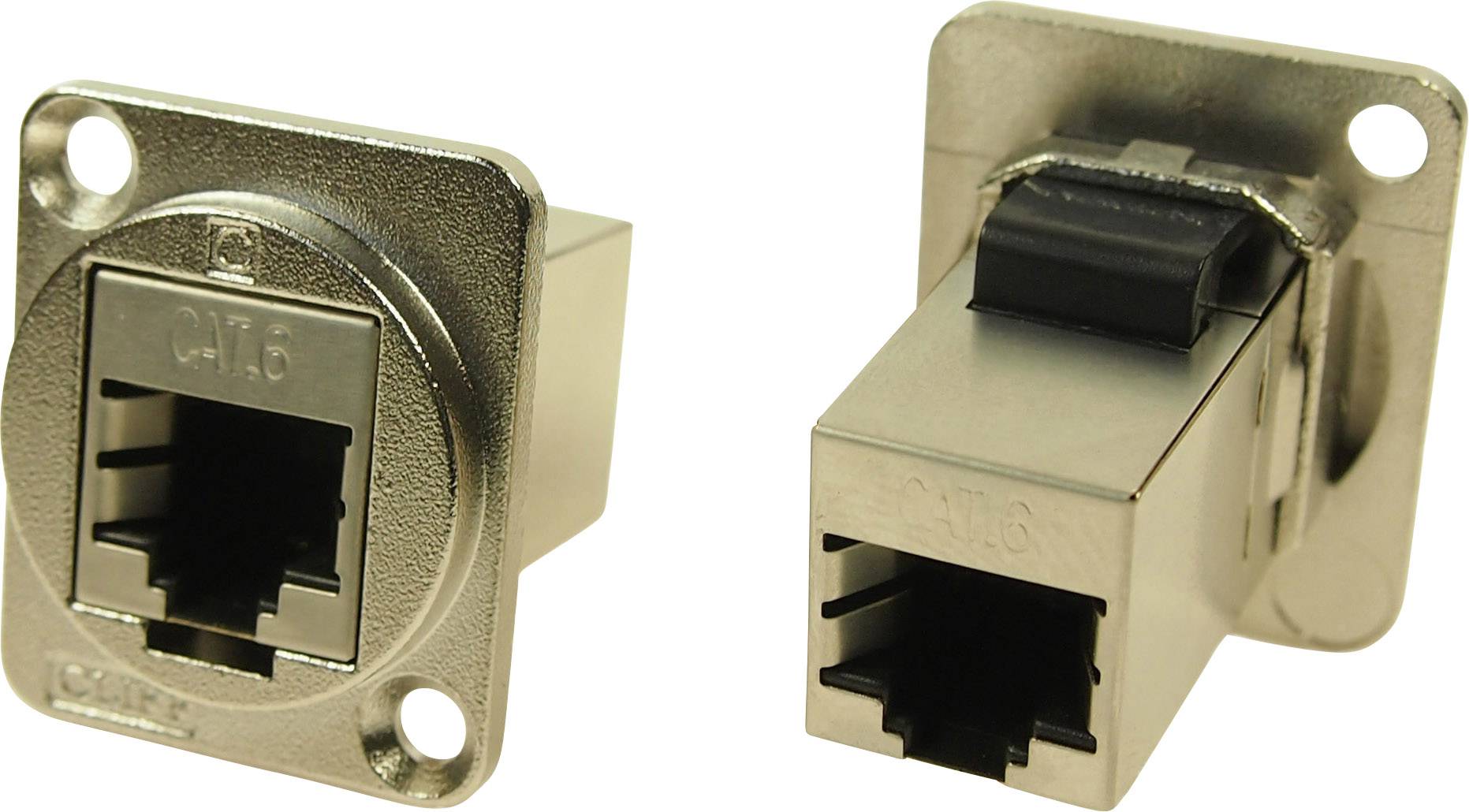 Dve sieťové zásuvky CAT.6, jedna vpredu a jedna na boku, s kovovým krytom, vhodné na pripojenie ethernetových káblov.
