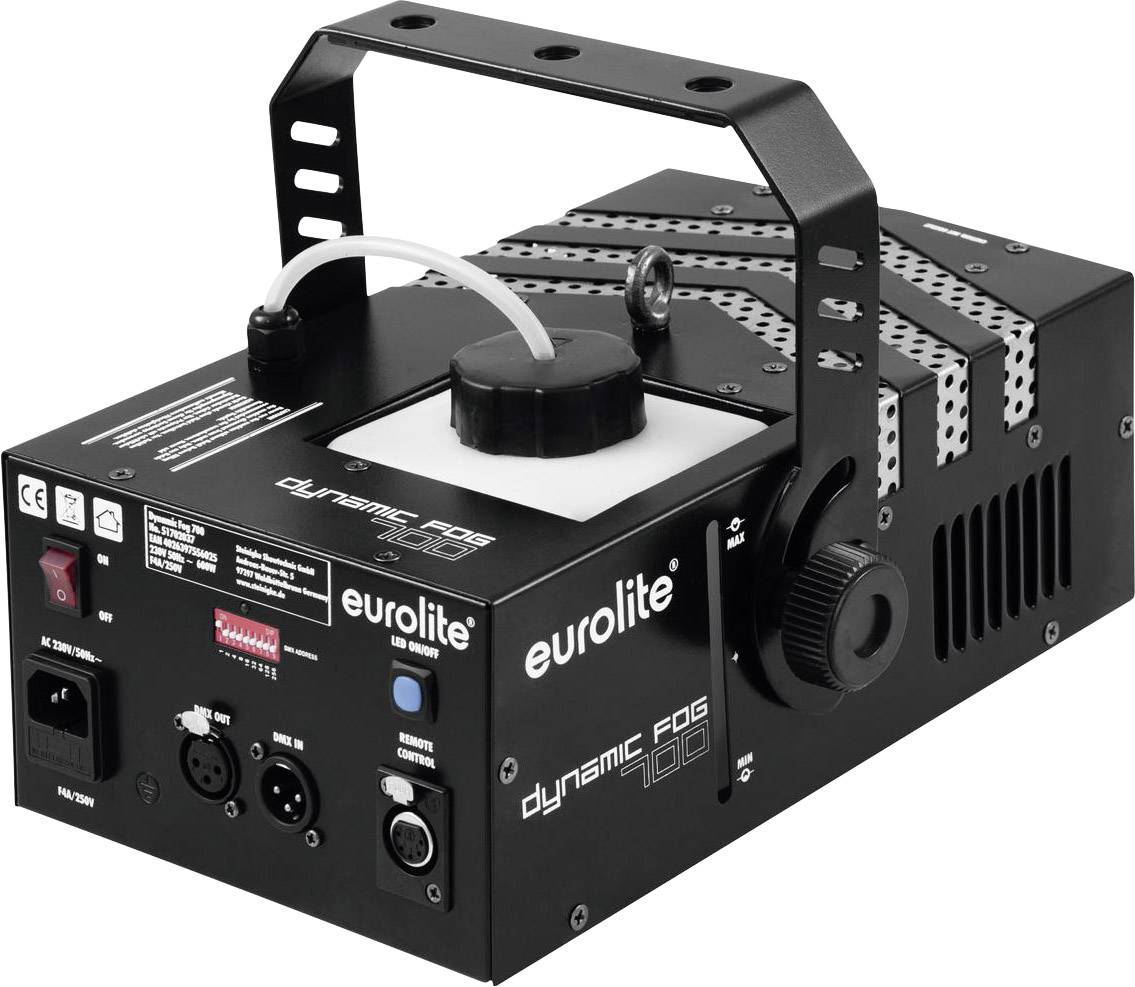 Hmlovací stroj Eurolite Dynamic Fog 1000, kompaktná čierna jednotka s gombíkmi a prepínačmi; rukoväť a káblové pripojenie na hornej strane.