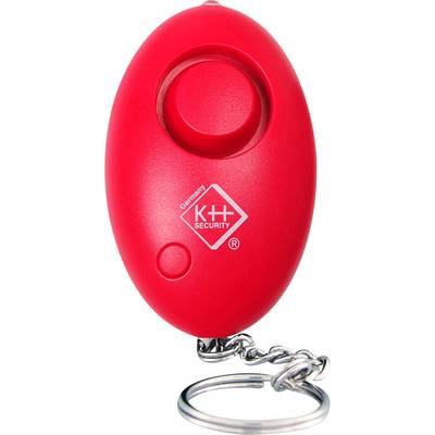 Červený vreckový alarm s reťazcom a slučkou na kľúče, označený nápisom 'K+R Security Germany'.