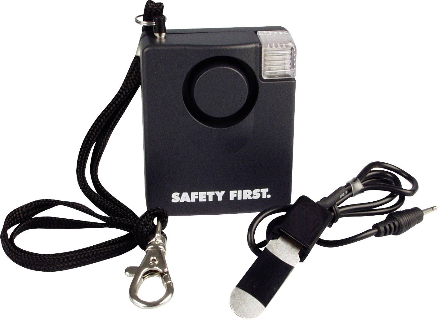 Čierny osobný alarm s nápisom 'SAFETY FIRST', závesnou slučkou a odnímateľným bezpečnostným špendlíkom.
