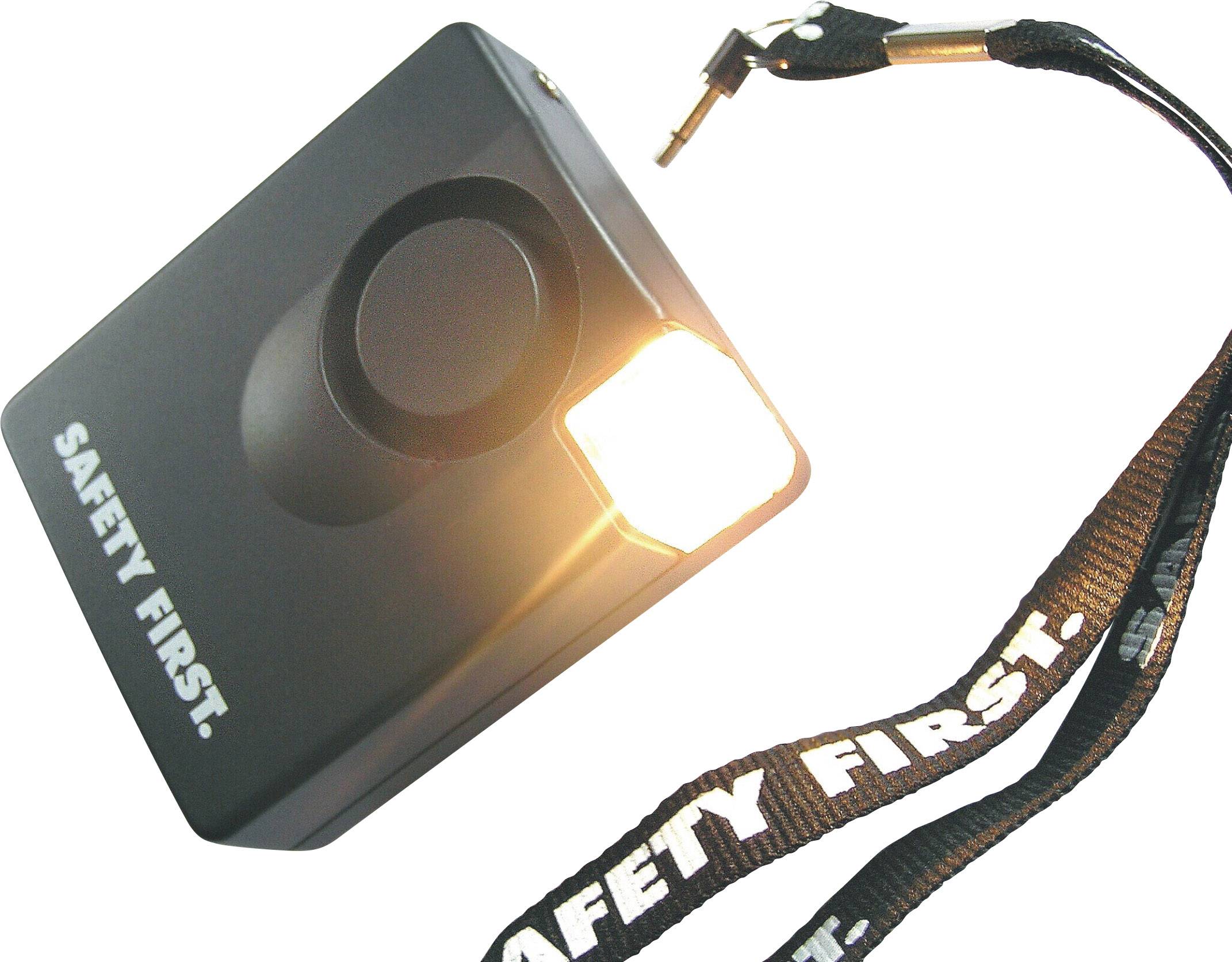 Prenosný bezpečnostný alarm s hlasným signálom a kľúčenkou s nápisom 'SAFETY FIRST'.