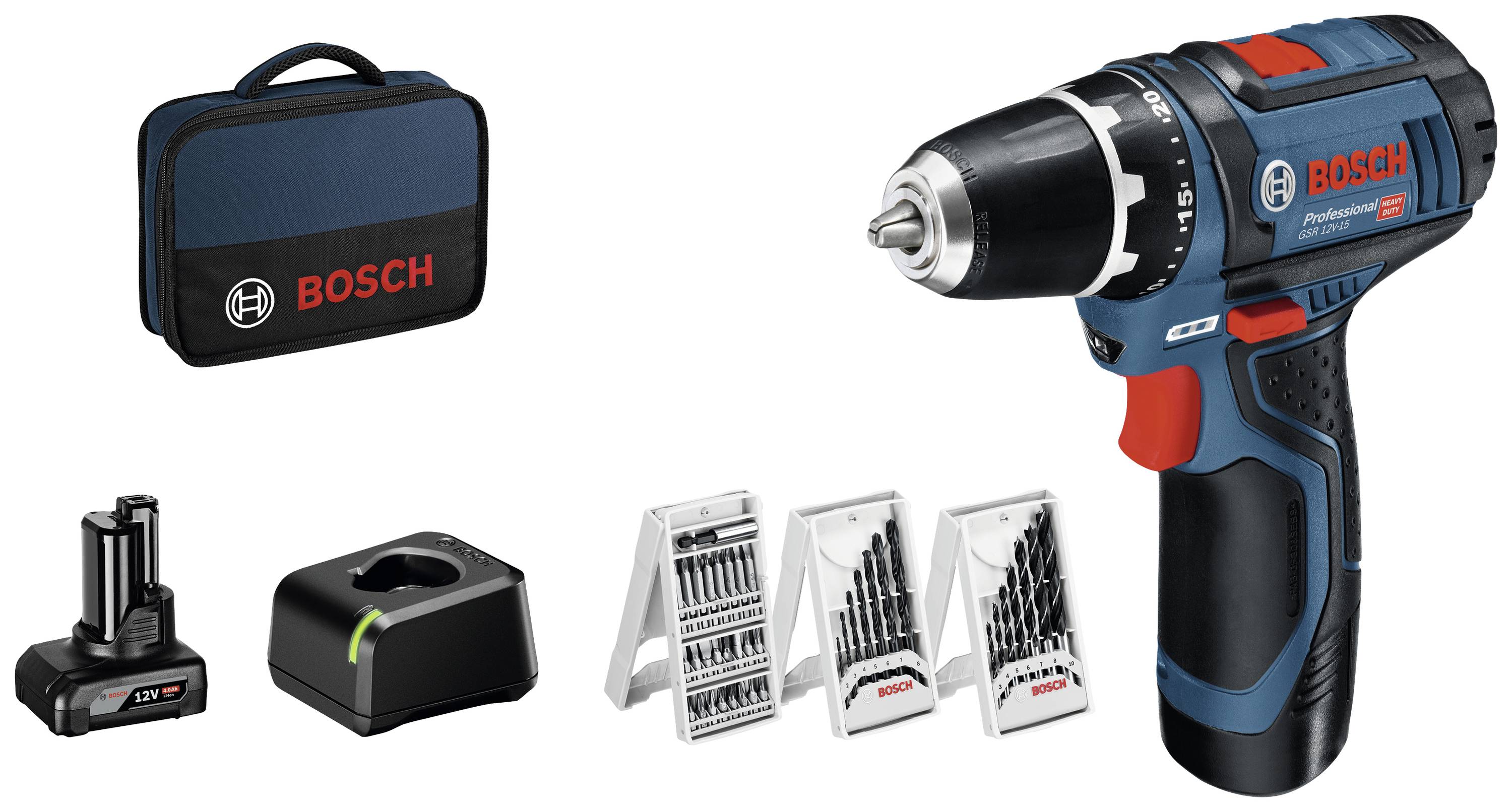 Bosch Professional GSR 12V-15 0615990G6L Borrskruvdragare batteri 12 V 2 Ah, 4 Ah Li-Ion inkl. 2x batterier, inkl. laddare, inkl. Tillbehör, inkl. väska
