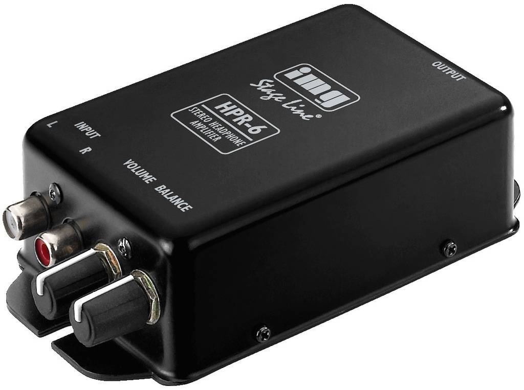 Čierny stereo zosilňovač slúchadiel s dvoma RCA vstupmi, dvoma výstupmi a regulátorom hlasitosti. Značka: IMG Stage Line, Model: HPR-6.