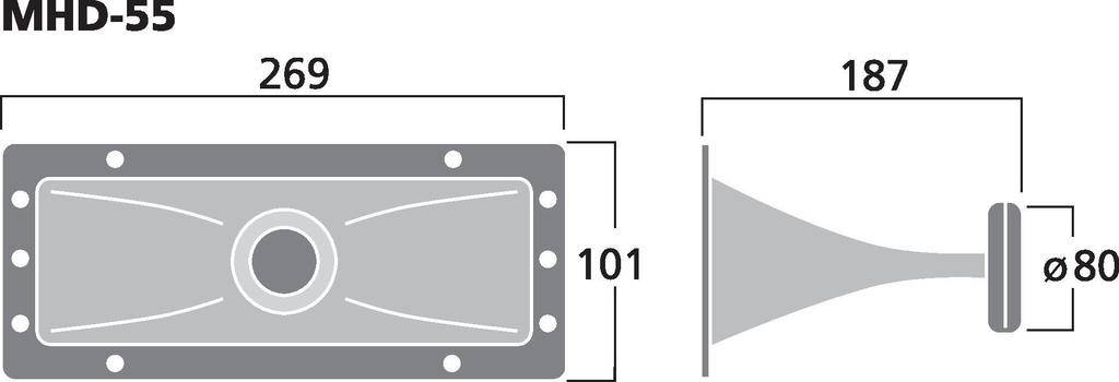 Diagram exponenciálnej hliníkovej rohovanej šošovky MHD-55, s rozmermi: šírka 269 mm, výška 101 mm, hĺbka 187 mm, otvor 80 mm.
