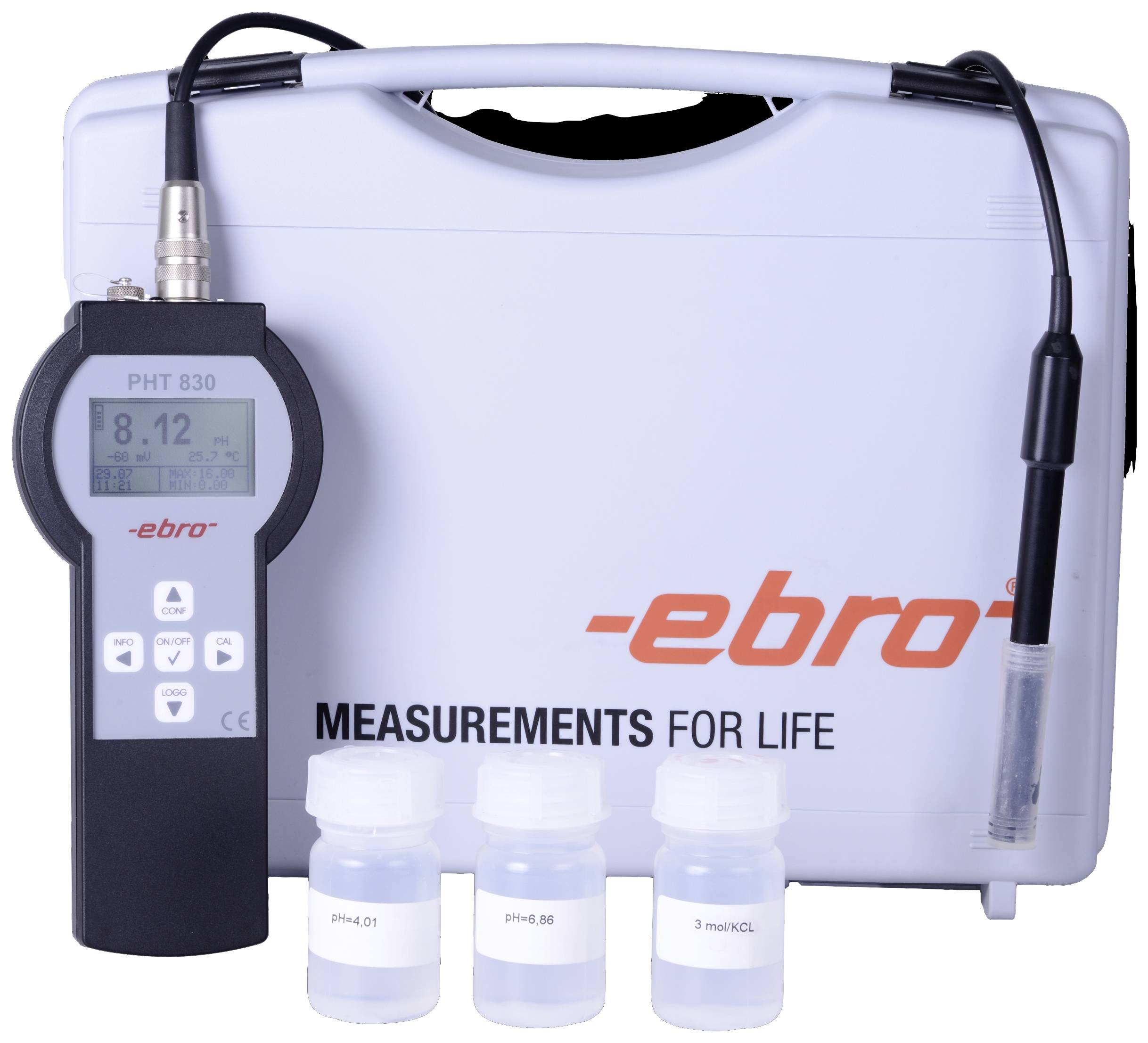 Prenosný pH meter s displejom, tromi kalibračnými roztokmi a senzorom. Úložný box s logom a sloganom v pozadí.
